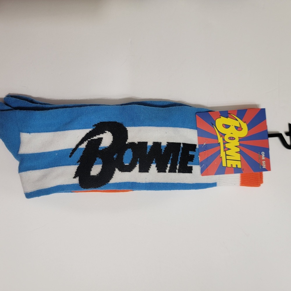 David Bowie Official Merchandise Blue White Striped Lightning Bolt Crew Socks OS